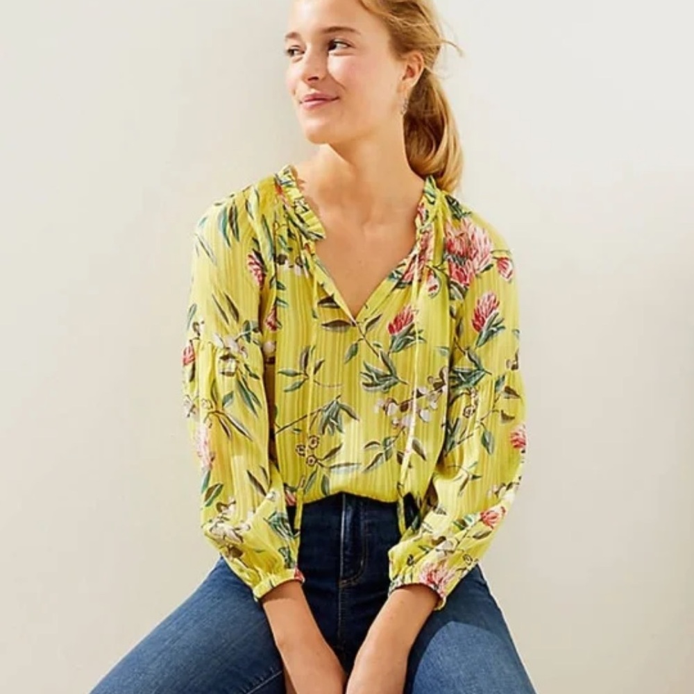 NWT LOFT Yellow Floral Blouse Top Long sleeves M